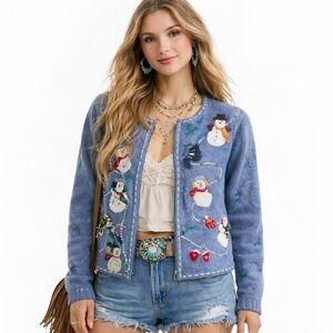 Vintage Snowman Christmas Wool Cardigan Sweater Petite L Holiday Knit